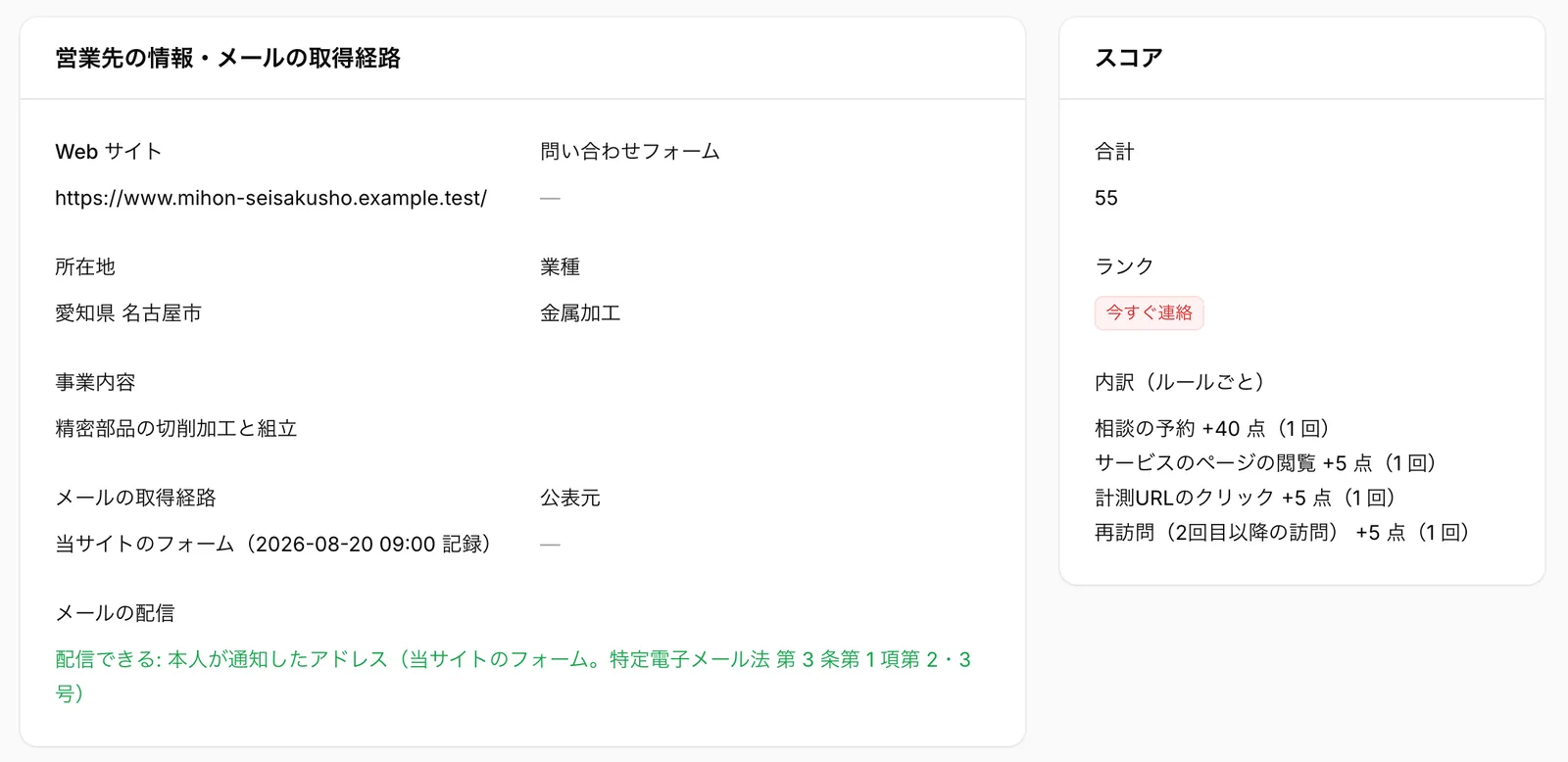 見込み客カルテ。会社の情報とメールの取得経路、メールを送ってよいかの判定、点数の合計55とランク 今すぐ連絡、点数の内訳（相談の予約 プラス40点など）